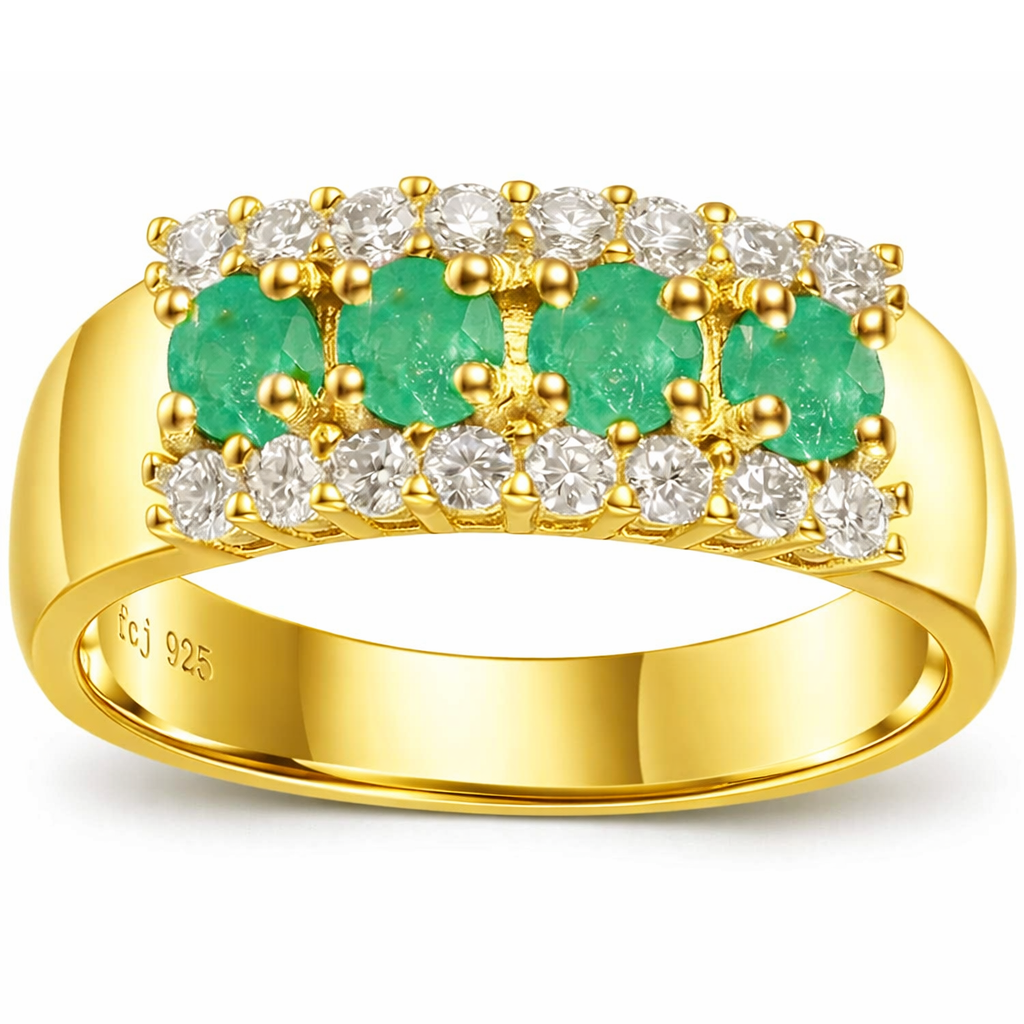 1.00 Ct Round Green Emerald Prong 22K Gold Vermeil 3 Row Eternity Band Ring