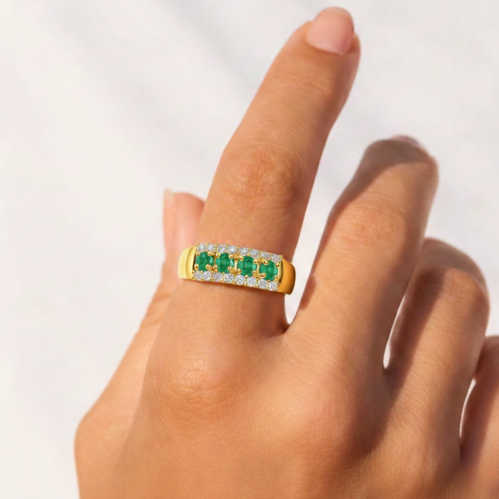 1.00 Ct Round Green Emerald Prong 22K Gold Vermeil 3 Row Eternity Band Ring