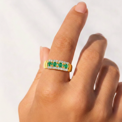 1.00 Ct Round Green Emerald Prong 22K Gold Vermeil 3 Row Eternity Band Ring