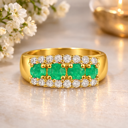 1.00 Ct Round Green Emerald Prong 22K Gold Vermeil 3 Row Eternity Band Ring