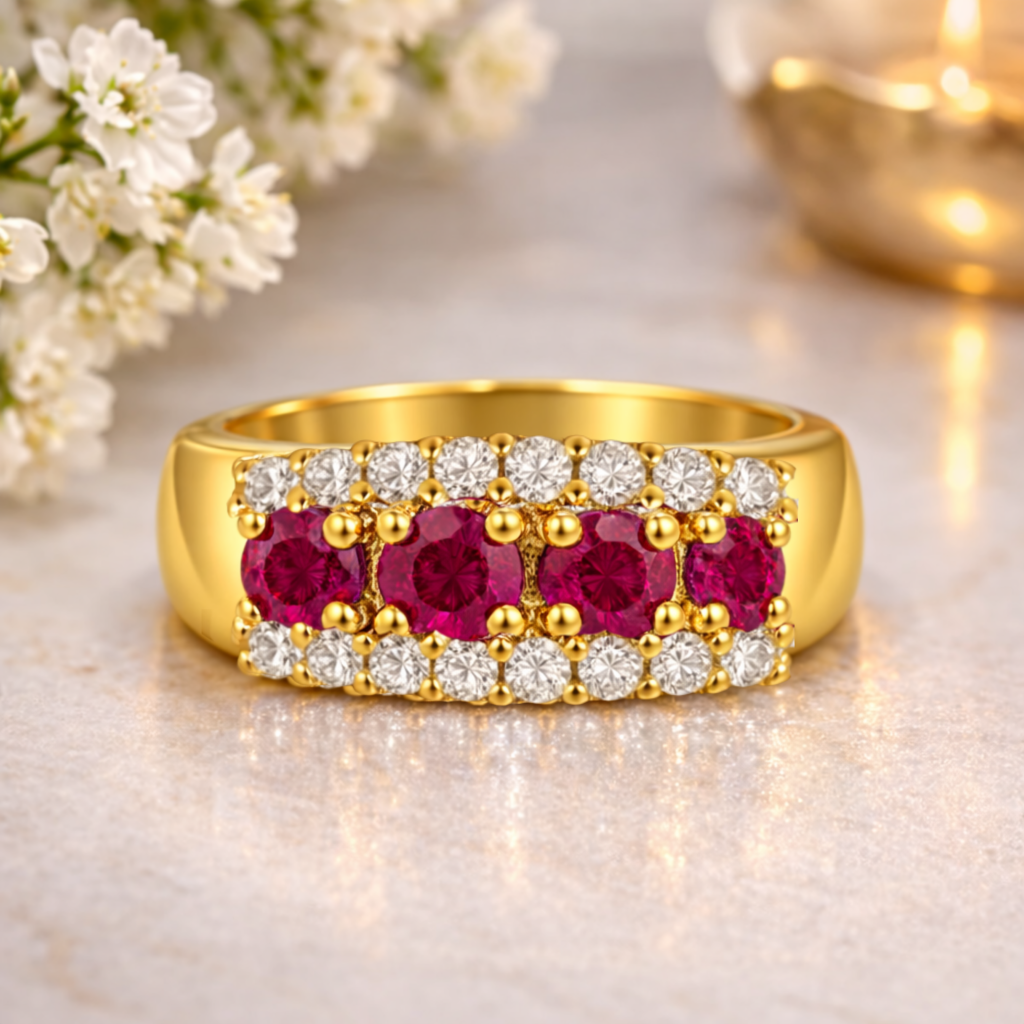 1 Ct Round Red Ruby 22k Gold Vermeil Three-Row Prong Eternity Band Ring