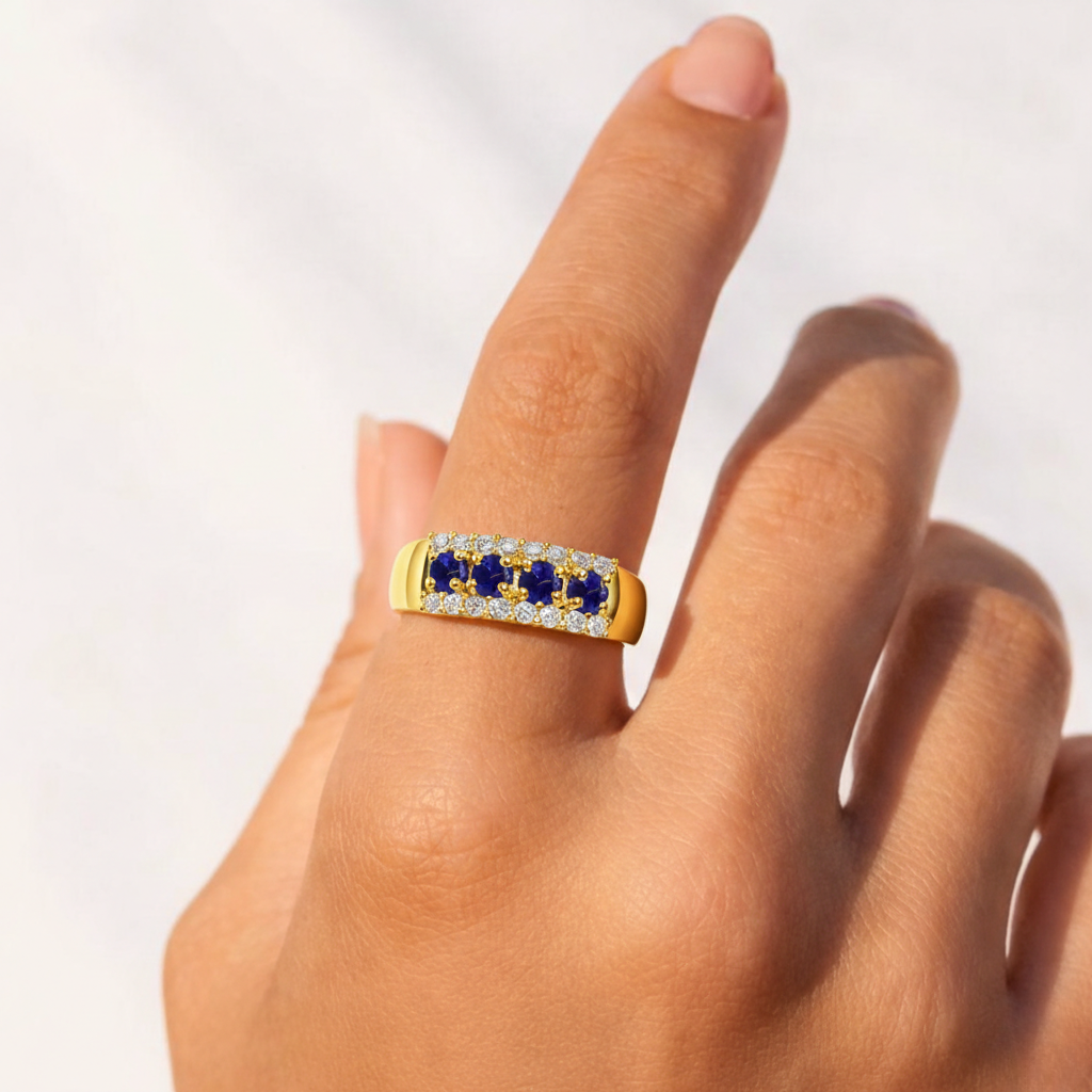1.00 Ct Round Blue Sapphire Prong 22k Gold Vermeil 3Row Eternity Band Ring