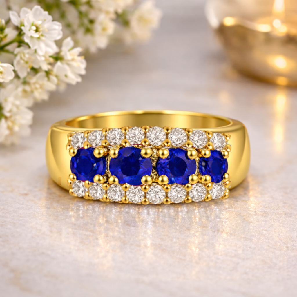 1.00 Ct Round Blue Sapphire Prong 22k Gold Vermeil 3Row Eternity Band Ring