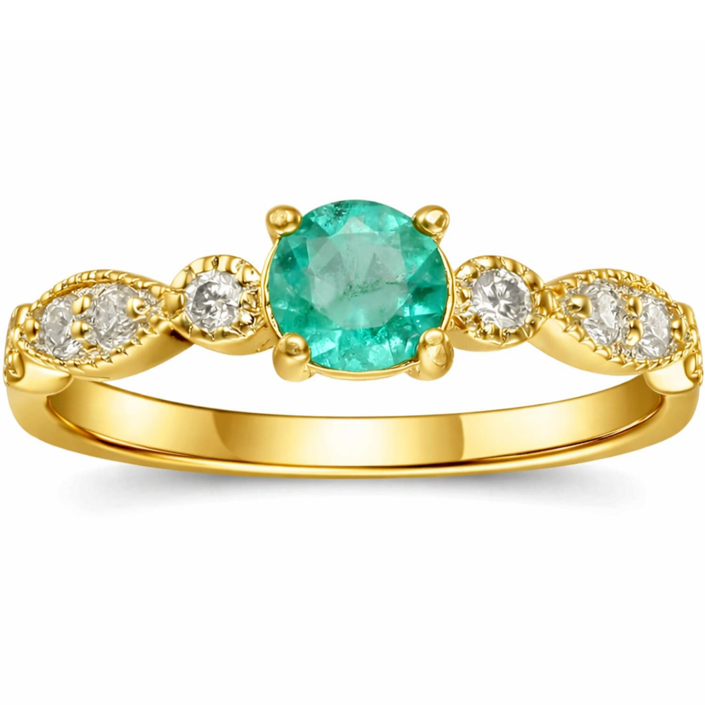 0.89 Ct Round Green Emerald and Moissanite Prong 22K Gold Vermeil Engagement Ring