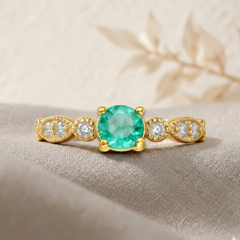 0.89 Ct Round Green Emerald and Moissanite Prong 22K Gold Vermeil Engagement Ring