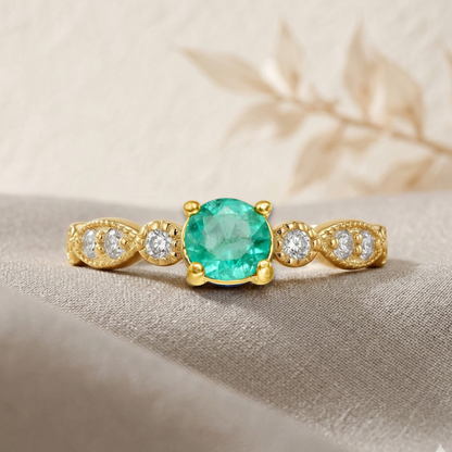 0.89 Ct Round Green Emerald and Moissanite Prong 22K Gold Vermeil Engagement Ring