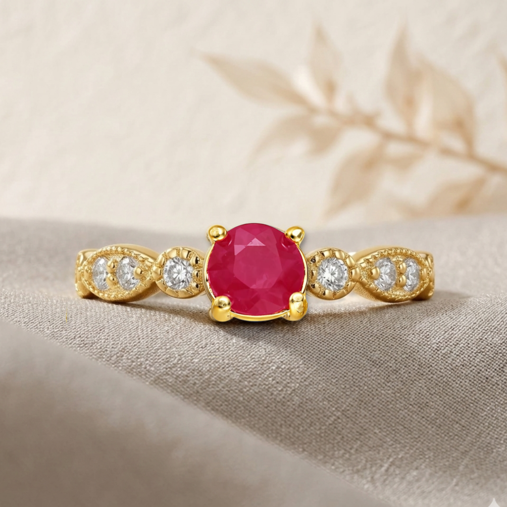 0.74 Ct Round Red Ruby 22k Gold Vermeil Prong Ring