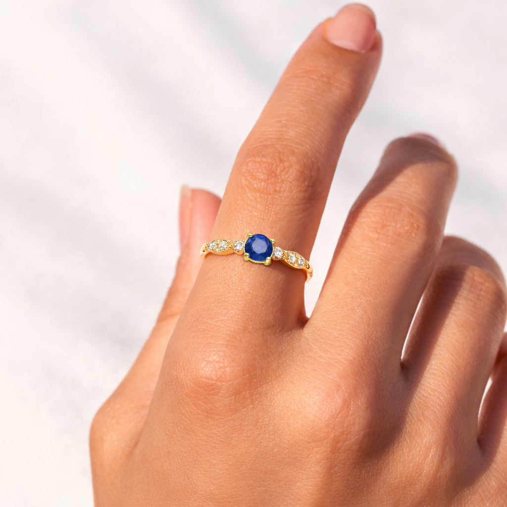 0.50 Ct Round Blue Sapphire Prong 22k Gold Vermeil Dainty Engagement Ring