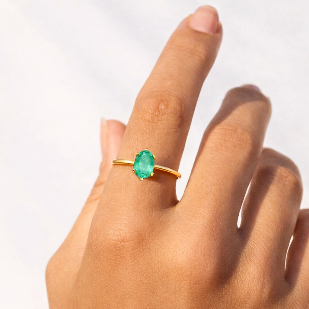 0.85 Ct Oval Green Emerald Prong 22K Gold Vermeil Solitaire Engagement Ring