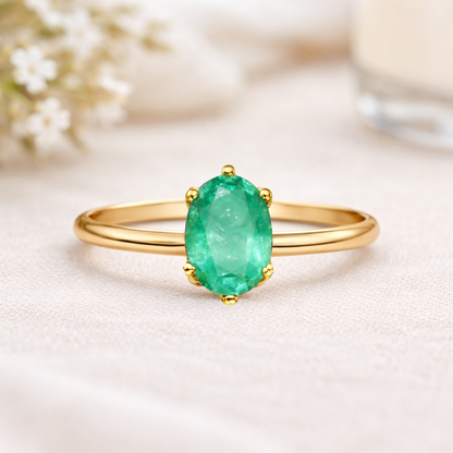 0.85 Ct Oval Green Emerald Prong 22K Gold Vermeil Solitaire Engagement Ring
