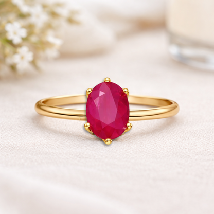1 Ct Oval Red Ruby 22k Gold Vermeil Solitaire 6 Prong Shank Band Ring