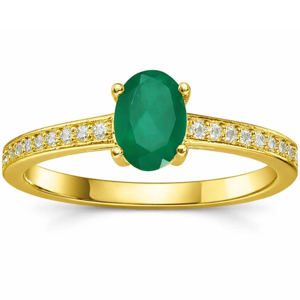 0.85 Ct Oval Green Emerald and Moissanite Prong 22K Gold Vermeil Pave-set Solitaire Ring