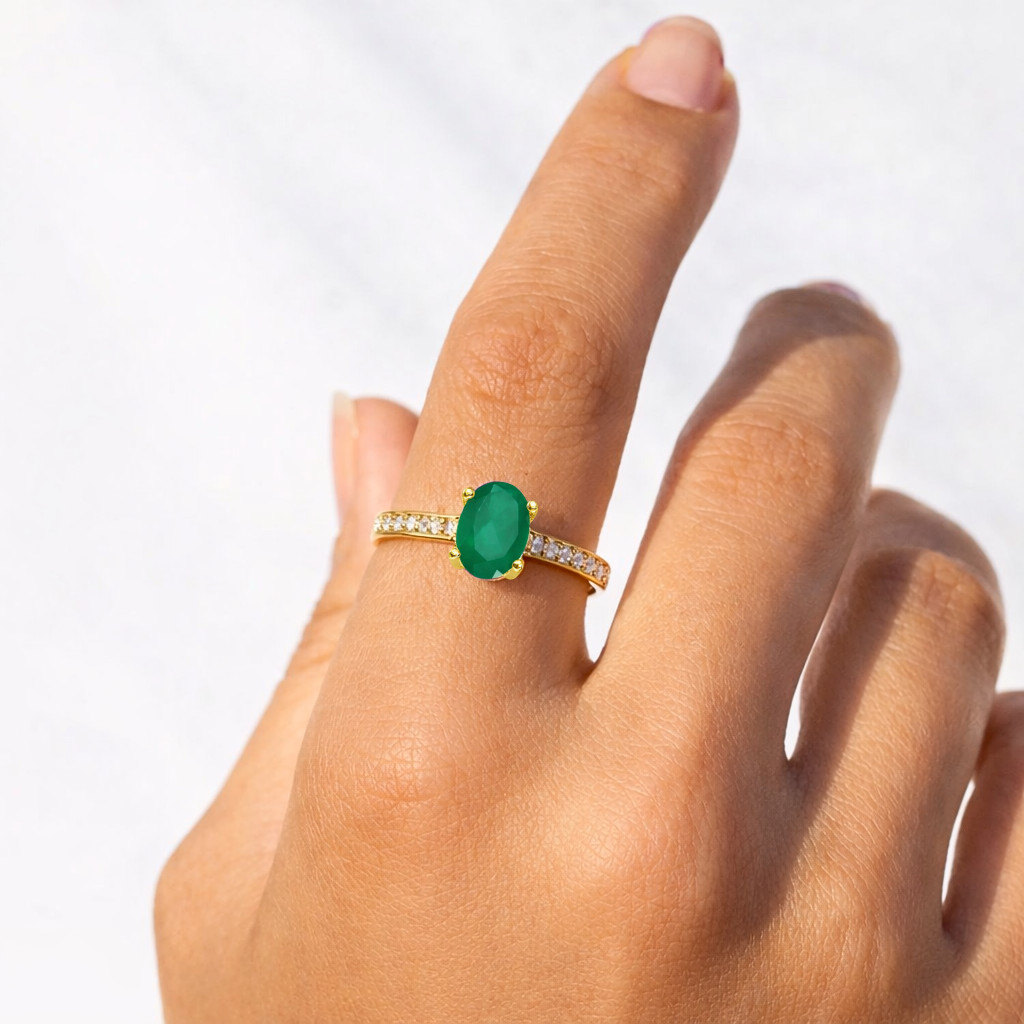 0.85 Ct Oval Green Emerald and Moissanite Prong 22K Gold Vermeil Pave-set Solitaire Ring