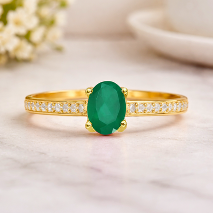 0.85 Ct Oval Green Emerald and Moissanite Prong 22K Gold Vermeil Pave-set Solitaire Ring