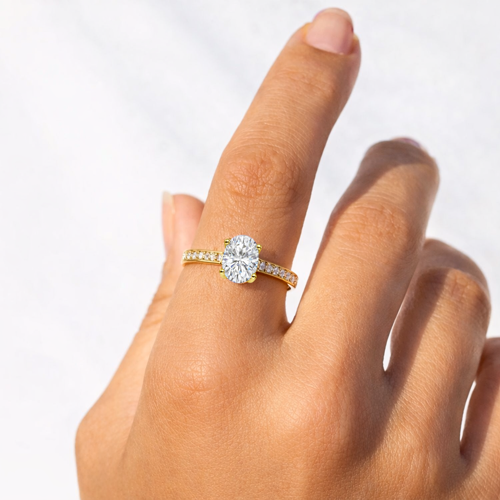 22k Yellow Gold Vermeil Oval Moissanite Pave Solitaire Ring