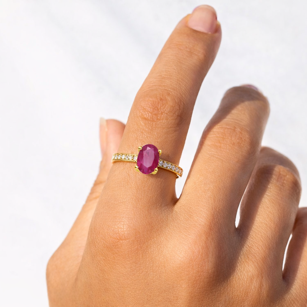 0.95 Ct Oval Red Ruby 22k Yellow Gold Vermeil Pave Solitaire Ring