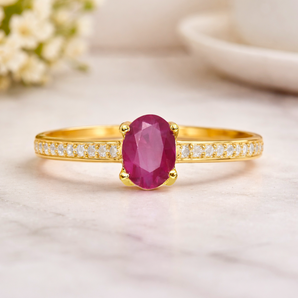 0.95 Ct Oval Red Ruby 22k Yellow Gold Vermeil Pave Solitaire Ring