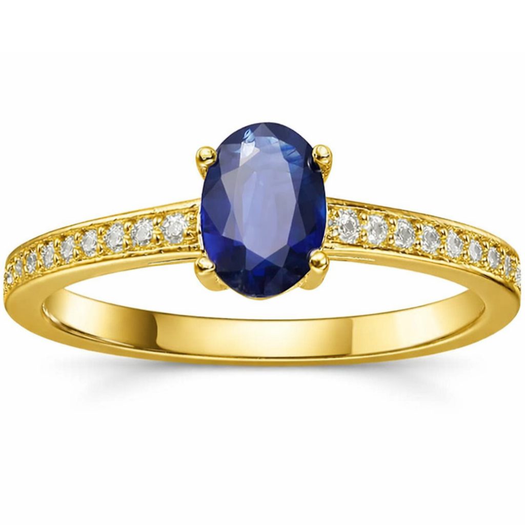 0.95 Ct Oval Blue Sapphire and Moissanite Prong 22k Gold Vermeil Pave-set Solitaire Ring