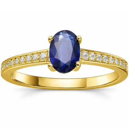 0.95 Ct Oval Blue Sapphire and Moissanite Prong 22k Gold Vermeil Pave-set Solitaire Ring
