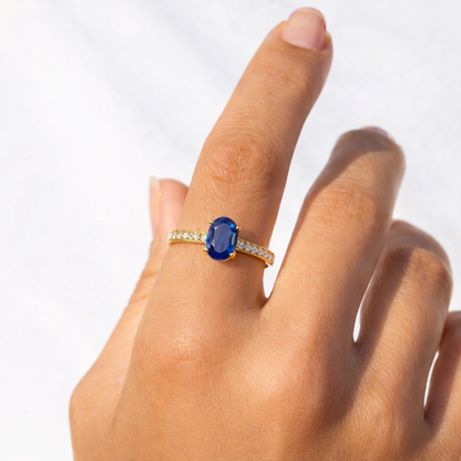 0.95 Ct Oval Blue Sapphire and Moissanite Prong 22k Gold Vermeil Pave-set Solitaire Ring