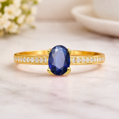 0.95 Ct Oval Blue Sapphire and Moissanite Prong 22k Gold Vermeil Pave-set Solitaire Ring