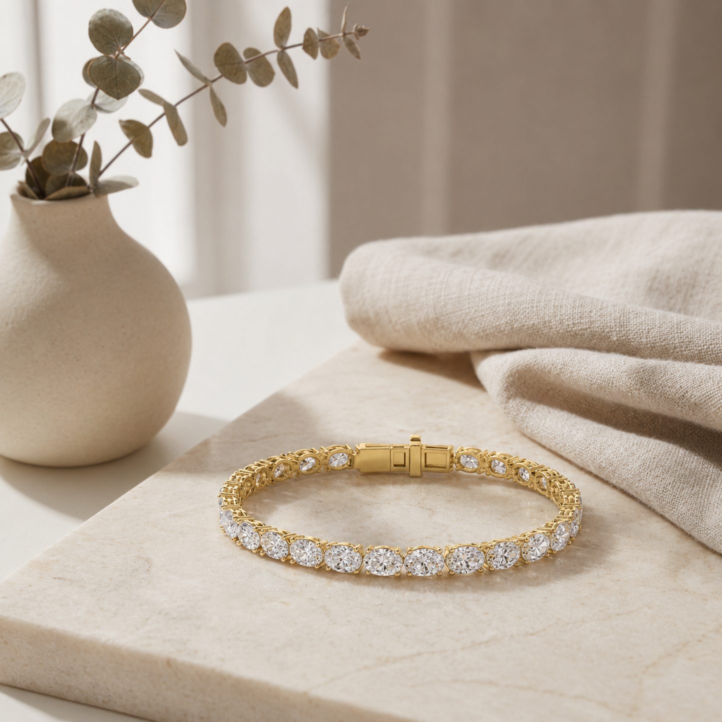 Oval (F/VS) Lab Grown Diamond Prong 14K Yellow Gold Classic Line Tennis Bracelet