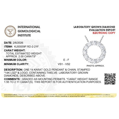 2.0 Ct Round (F/VS) Lab Grown Diamond Prong 14K White Gold Fancy Open Circle Pendant Necklace