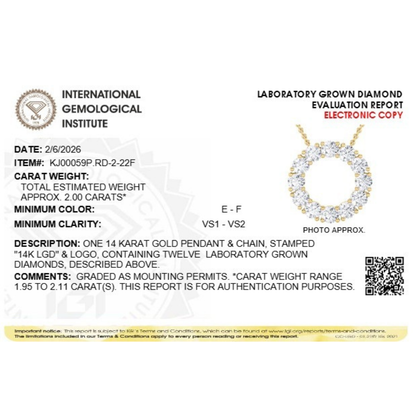 2.0 Ct Round (F/VS) Lab Grown Diamond Prong 14K Yellow Gold Fancy Open Circle Pendant Necklace