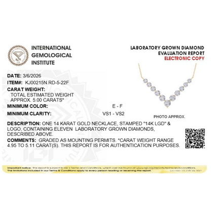 5.0ct Round Shaped Lab Grown Diamond (F/VS) Graduating V Necklace in 14K Yellow Gold