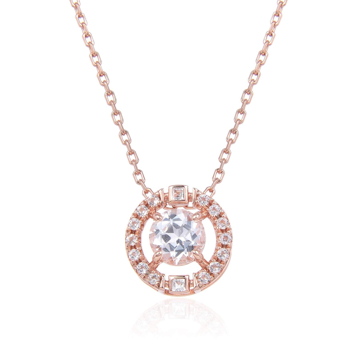 1.30 Ct Round White Topaz Prong Rose Gold Plated Silver Pendant Necklace
