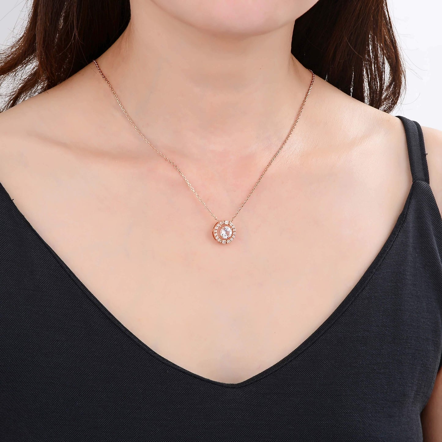 1.30 Ct Round White Topaz Prong Rose Gold Plated Silver Pendant Necklace