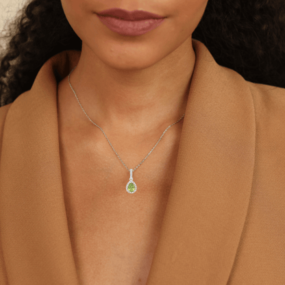 Natural Peridot Teardrop Halo Pendant Necklace