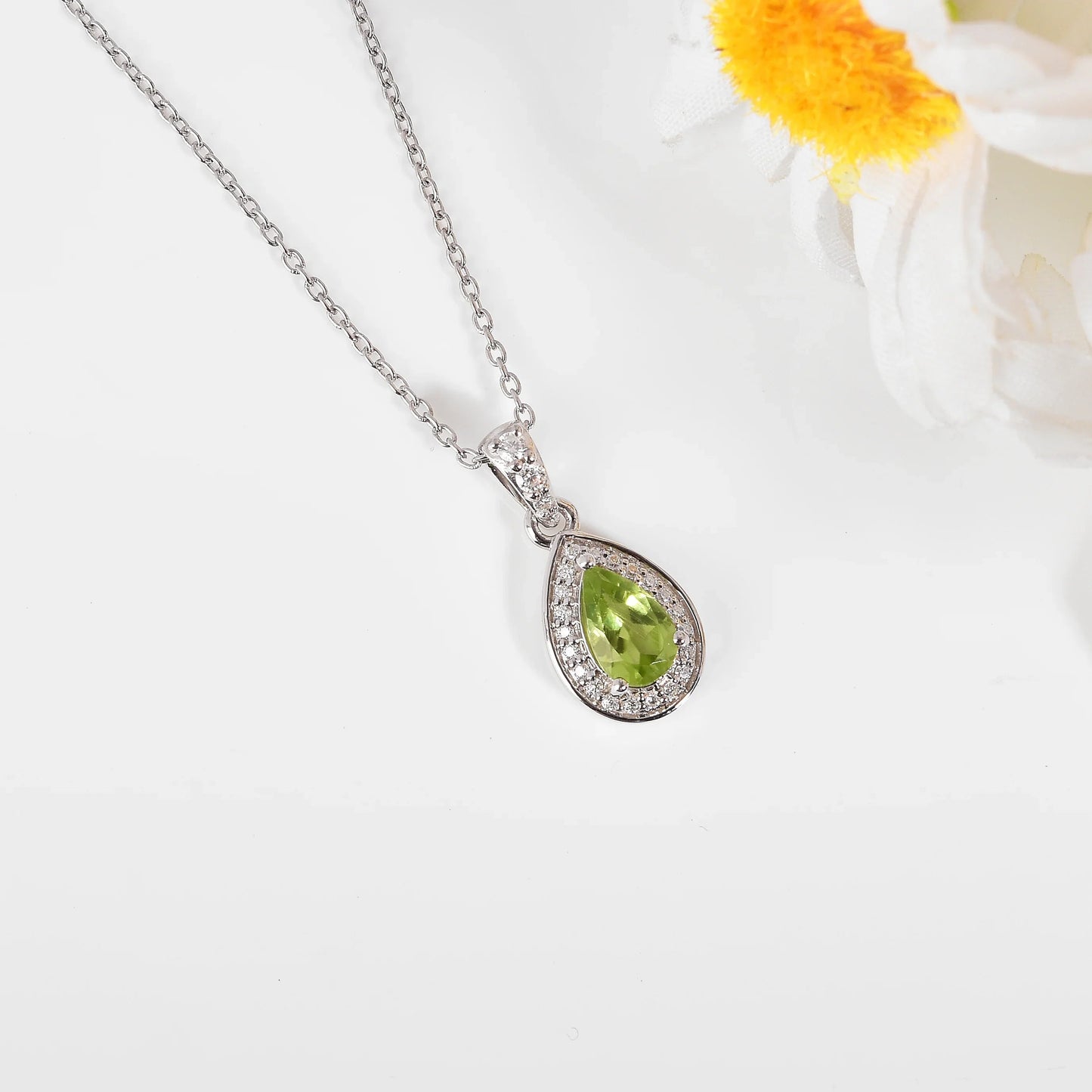Natural Peridot Teardrop Halo Pendant Necklace