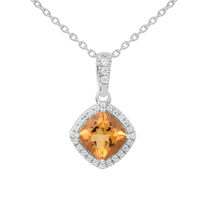 Natural Citrine Cushion Halo Pendant Necklace