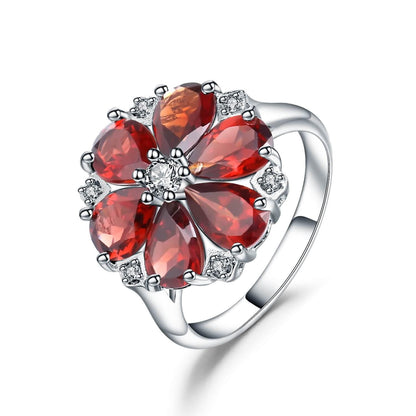 2.44 Ct Pear Red Garnet and Cubic Zirconia Prong Silver Flower Ring
