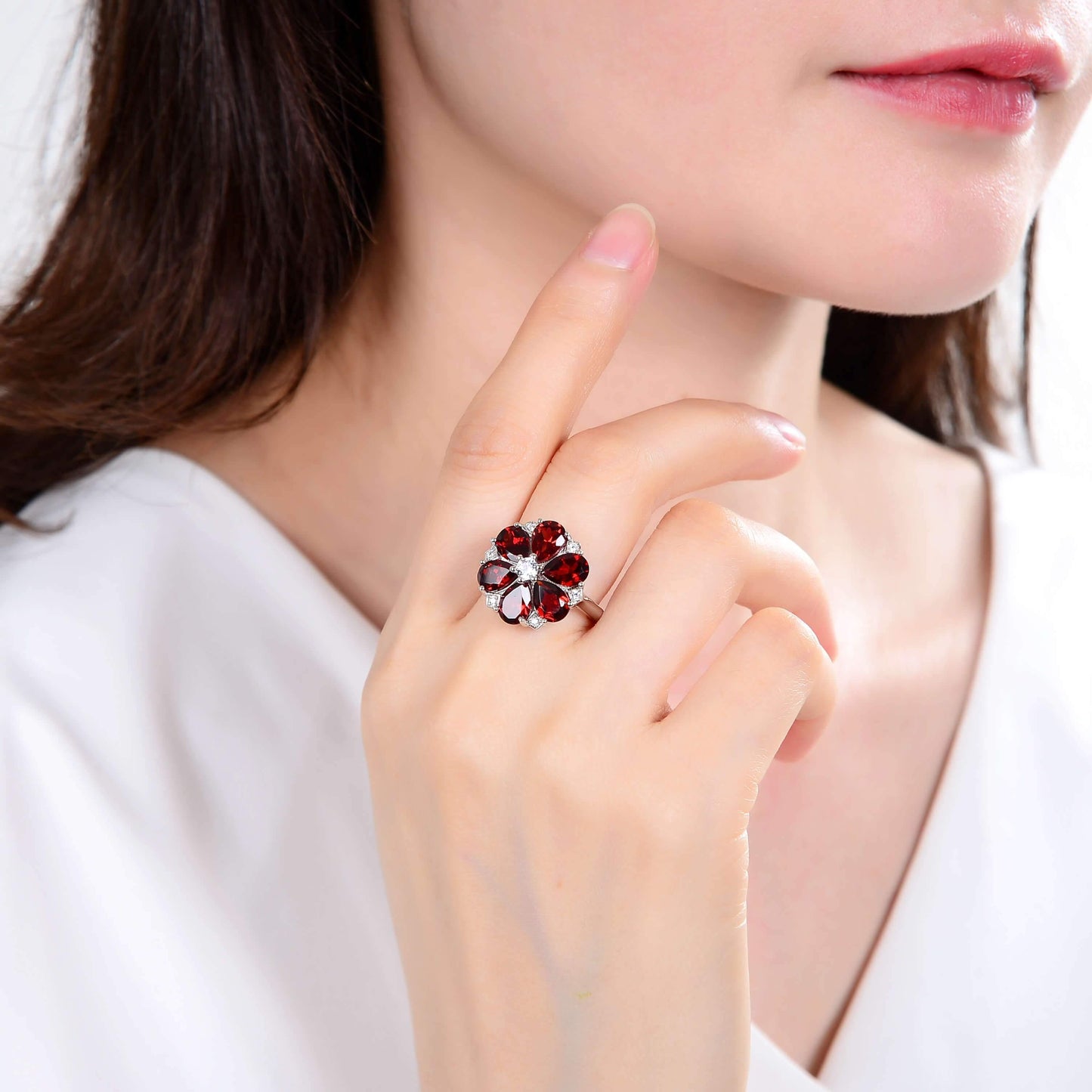 2.44 Ct Pear Red Garnet and Cubic Zirconia Prong Silver Flower Ring