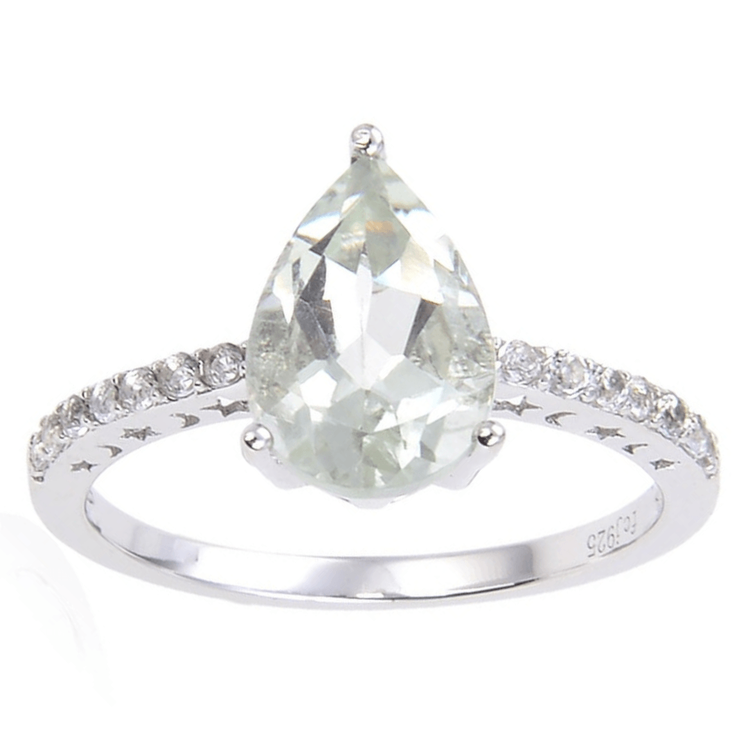 0.35 Ct Pear Green Amethyst Prong Silver Pave Solitaire Ring