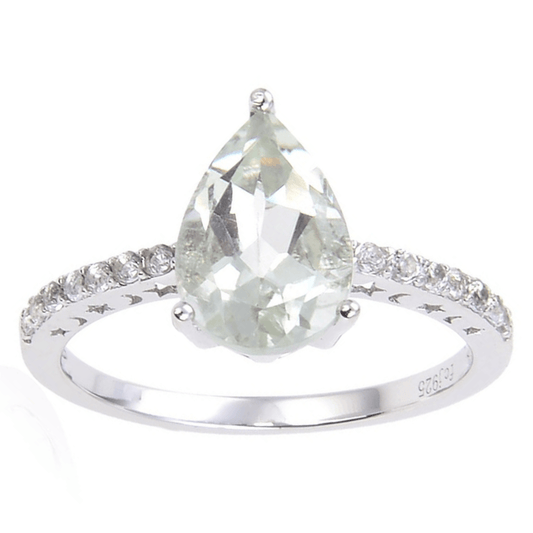 0.35 Ct Pear Green Amethyst Prong Silver Pave Solitaire Ring