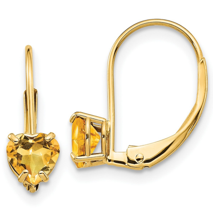 14k Gold Heart Gemstone Leverback Earrings