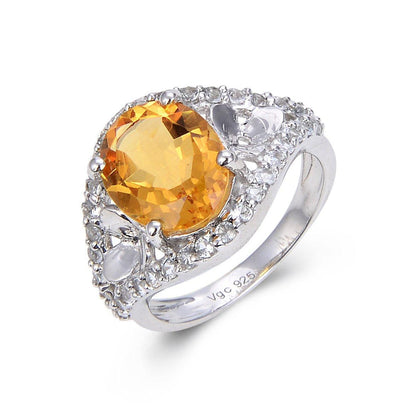 3.68 Ct Oval Yellow Citrine and White Topaz Prong Silver Statement Ring