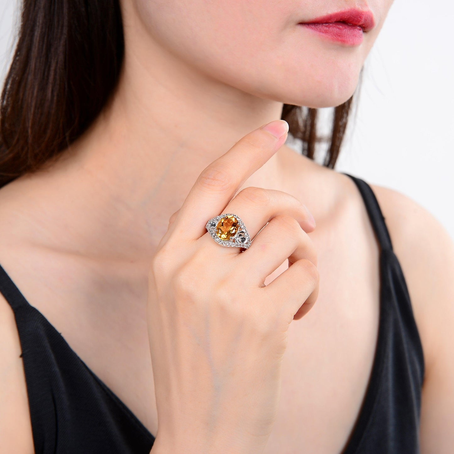 3.68 Ct Oval Yellow Citrine and White Topaz Prong Silver Statement Ring