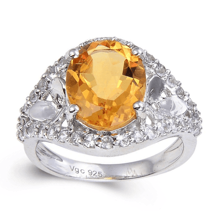 3.68 Ct Oval Yellow Citrine and White Topaz Prong Silver Statement Ring