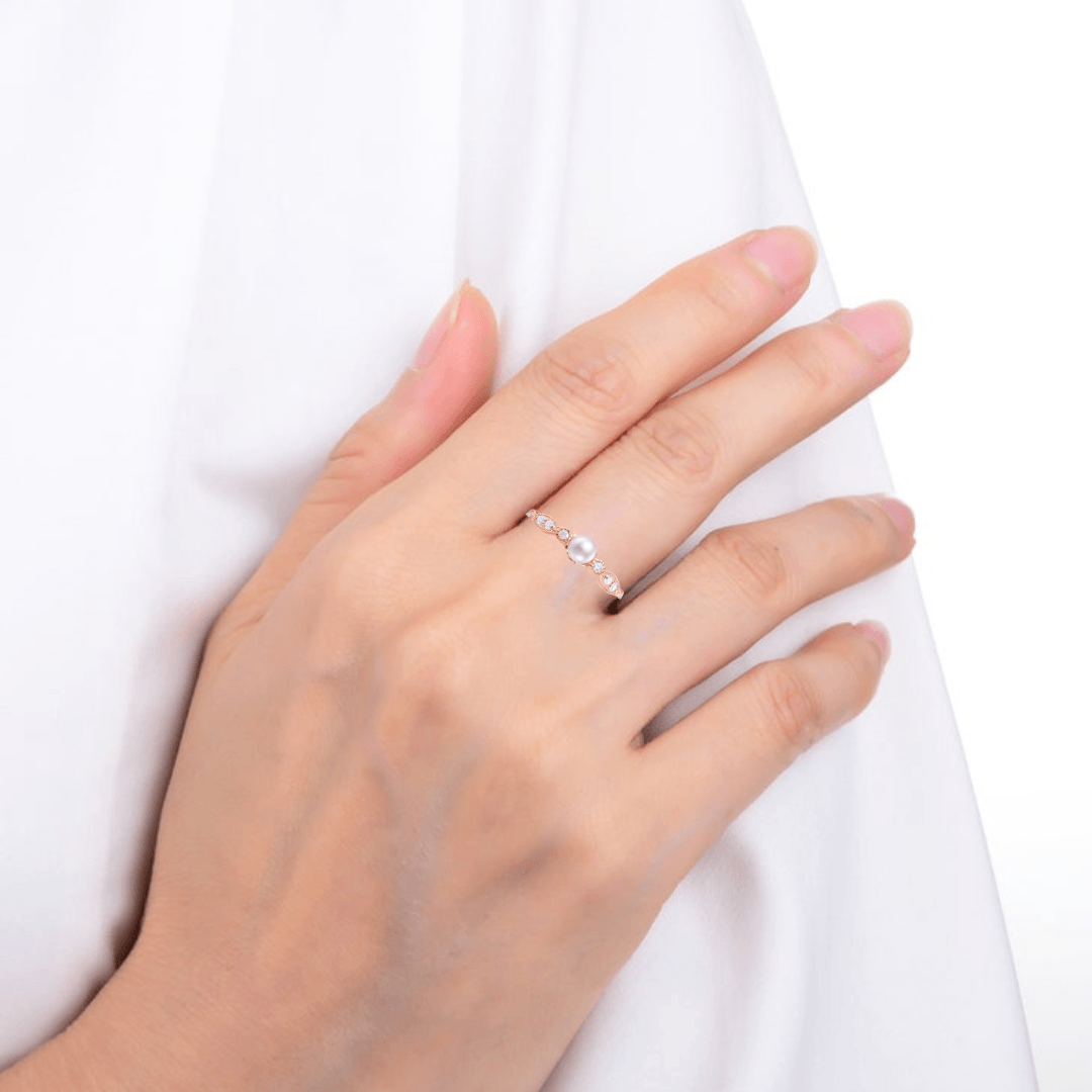 Fresh Water Round White Pearl Rose Gold Plated Silver Half Eternity Ring
