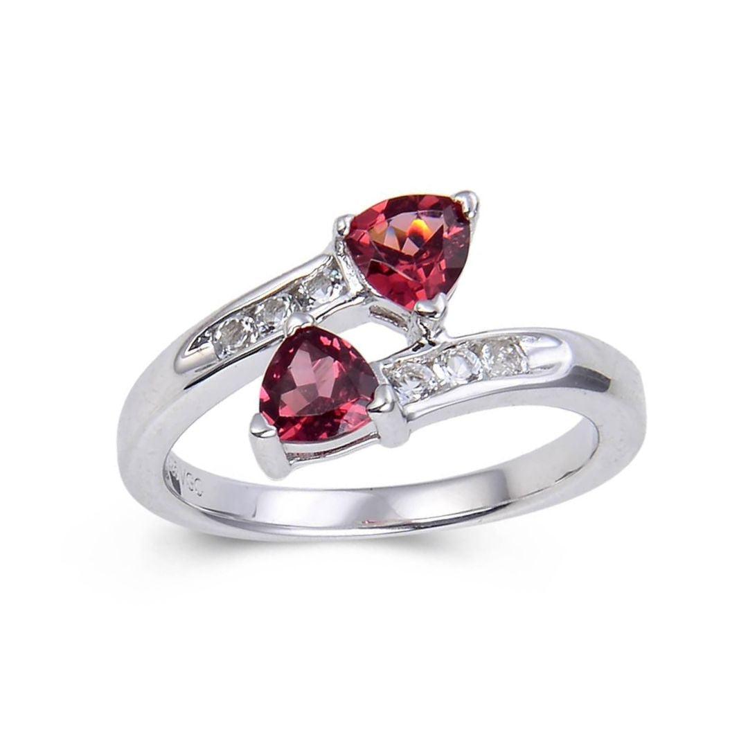 1.22 Ct Trillion Red Garnet and White Topaz Prong Silver Dual Stone Ring
