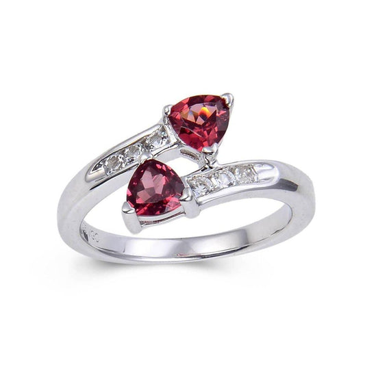 1.22 Ct Trillion Red Garnet and White Topaz Prong Silver Dual Stone Ring