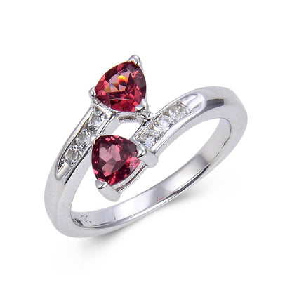1.22 Ct Trillion Red Garnet and White Topaz Prong Silver Dual Stone Ring