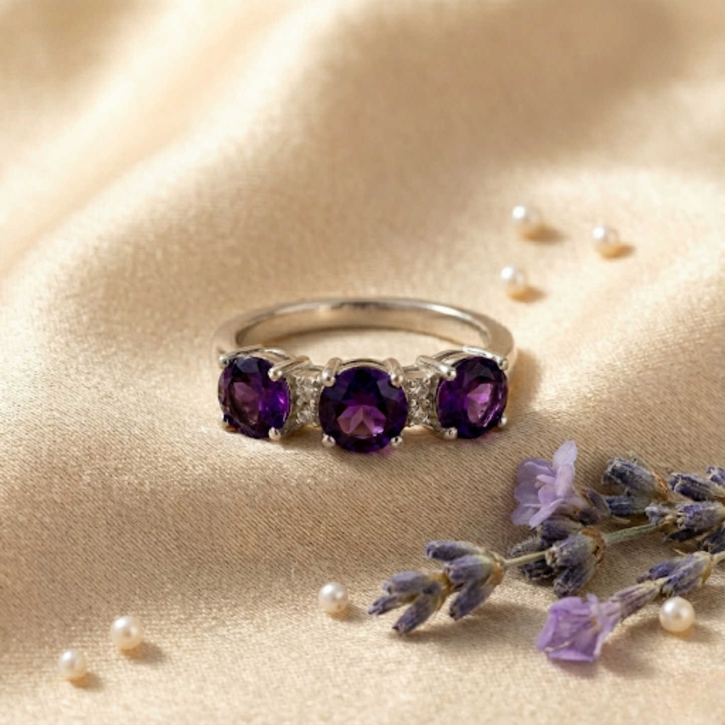 1.7 Ct Round Purple Amethyst Prong Silver Three Stone Ring