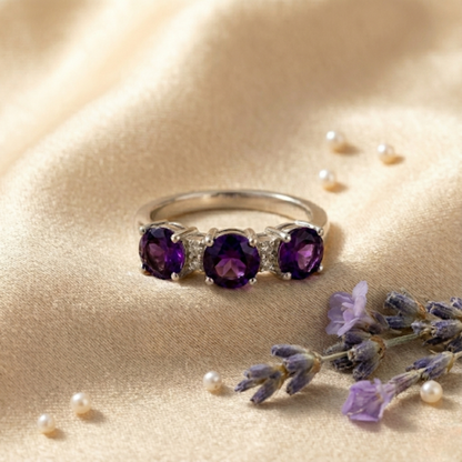 1.7 Ct Round Purple Amethyst Prong Silver Three Stone Ring