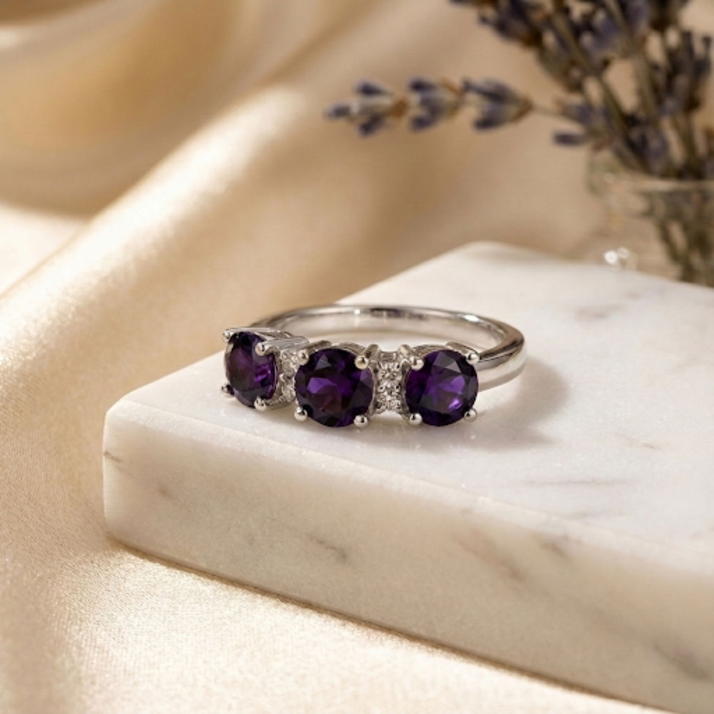 1.7 Ct Round Purple Amethyst Prong Silver Three Stone Ring
