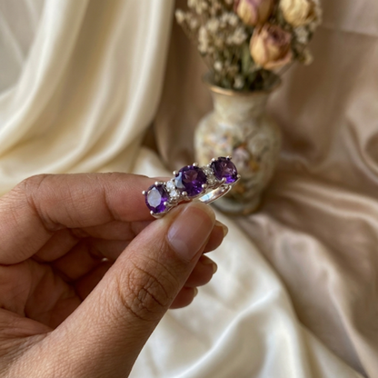 1.7 Ct Round Purple Amethyst Prong Silver Three Stone Ring